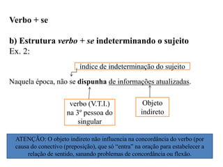 Verbo + se
b) Estrutura verbo + se indeterminando o sujeito
Ex. 2:
Naquela época, não se dispunha de informações atualizadas.
índice de indeterminação do sujeito
verbo (V.T.I.)
na 3º pessoa do
singular
Objeto
indireto
ATENÇÃO: O objeto indireto não influencia na concordância do verbo (por
causa do conectivo (preposição), que só “entra” na oração para estabelecer a
relação de sentido, sanando problemas de concordância ou flexão.
 