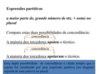 Expressões partitivas
a maior parte de, grande número de etc. + nome no
plural
Compare estas duas possibilidades de concordância:
A maioria dos torcedores apoiou o técnico.
A maioria dos torcedores apoiaram o técnico.
concordância
concordância
Essa dupla possibilidade de concordância é válida sempre que o
sujeito for constituído por uma expressão partitiva (no singular)
seguida de uma palavra no plural.
 