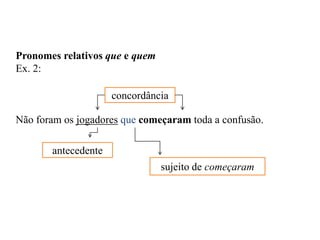 Pronomes relativos que e quem
Ex. 2:
Não foram os jogadores que começaram toda a confusão.
concordância
antecedente
sujeito de começaram
 