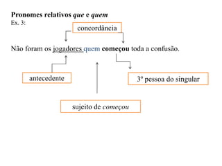 Pronomes relativos que e quem
Ex. 3:
Não foram os jogadores quem começou toda a confusão.
concordância
3º pessoa do singular
sujeito de começou
antecedente
 