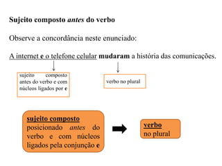 Sujeito composto antes do verbo
Observe a concordância neste enunciado:
A internet e o telefone celular mudaram a história das comunicações.
sujeito composto
antes do verbo e com
núcleos ligados por e
verbo no plural
sujeito composto
posicionado antes do
verbo e com núcleos
ligados pela conjunção e
verbo
no plural
 