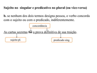 Sujeito no singular e predicativo no plural (ou vice-versa)
b. se nenhum dos dois termos designa pessoa, o verbo concorda
com o sujeito ou com o predicado, indiferentemente.
As cartas secretas foi a prova definitiva de sua traição.
concordância
sujeito pl. predicado sing.
 