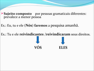  Sujeito composto

por pessoas gramaticais diferentes:
prevalece a menor pessoa

Ex.: Eu, tu e ele (Nós) faremos a pesquisa amanhã.
Ex.: Tu e ele reivindicastes /reivindicaram seus direitos.

VÓS

ELES

 