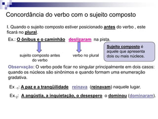 Concordância do verbo com o sujeito compostoI. Quando o sujeito composto estiver posicionado antes do verbo , este ficará no plural.Ex.: O ônibus e o caminhãodeslizaram na pista.Sujeito composto é aquele que apresenta dois ou mais núcleos.sujeito composto antesdo verboverbo no pluralObservação: O verbo pode ficar no singular principalmente em dois casos: quando os núcleos são sinônimos e quando formam uma enumeração gradativa.Ex .1: A paz e a tranqüilidadereinava (reinavam) naquele lugar.Ex.2:  A angústia, a inquietação, o desespero  o dominou (dominaram).