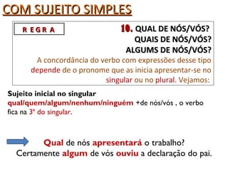 COM SUJEITO SIMPLESCOM SUJEITO SIMPLES
10.10. QUAL DE NÓS/VÓS?QUAL DE NÓS/VÓS?
QUAIS DE NÓS/VÓS?QUAIS DE NÓS/VÓS?
ALGUMS DE NÓS/VÓS?ALGUMS DE NÓS/VÓS?
A concordância do verbo com expressões desse tipo
depende de o pronome que as inicia apresentar-se no
singular ou no plural. Vejamos:
R E G R AR E G R A
Sujeito inicial no singular
qual/quem/algum/nenhum/ninguém +de nós/vós , o verbo
fica na 3ª do singular.
Qual de nós apresentará o trabalho?
Certamente algum de vós ouviu a declaração do pai.
 