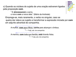 c) Quando os núcleos do sujeito de uma oração estiverem ligados
pela proposição com.
“ E atravessaram a serra,
o noivo com a noiva dele.” (Mário de Andrade)
Emprega-se, mais raramente, o verbo no singular, caso se
queira dar relevo ao sujeito e transformar a expressão iniciada por com
em adjunto adverbial de companhia.
A mulher, com seus filhos, corria para alcançar o ônibus.
A menina, com toda sua família, está tirando fotos.
adj. adv. de companhia
adj. adv. de companhia
 