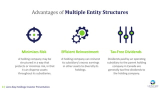 Advantages	of	Multiple	Entity	Structures
Minimizes Risk Efficient Reinvestment Tax-Free Dividends
A holding company may be
structured in a way that
protects or minimize risk, in that
it can disperse assets
throughout its subsidiaries.
A holding company can reinvest
its subsidiary’s excess earnings
in other assets to diversify its
holdings.
Dividends paid by an operating
subsidiary to the parent holding
company in Canada are
generally tax-free dividends to
the holding company.
3 | Lions Bay Holdings Investor Presentation
 