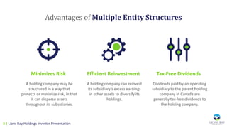 Advantages	of	Multiple	Entity	Structures
Minimizes Risk Efficient Reinvestment Tax-Free Dividends
A holding company may be
structured in a way that
protects or minimize risk, in that
it can disperse assets
throughout its subsidiaries.
A holding company can reinvest
its subsidiary’s excess earnings
in other assets to diversify its
holdings.
Dividends paid by an operating
subsidiary to the parent holding
company in Canada are
generally tax-free dividends to
the holding company.
3 | Lions Bay Holdings Investor Presentation
 