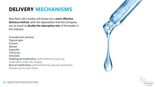 9 | INVESTOR PRESENTATION
Transdermal patches
Topical gels
Creams
Sprays
Capsules
Tinctures
Aerosols
Sublingual medication (administered by placing
medication under the tongue)
Buccal medication (administered by placing medication
between gums and cheek)
ShenTech Lab’s studies will prove out a more effective
delivery method, with the expectation that the Company
can as much as double the absorption rate of the leader in
the industry.
DELIVERY MECHANISMS
 