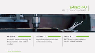 | Curran Technologies Inc9
QUALITY
Each unit is hand built using the
finest stainless steel on the
market
GUARANTY
All products and components
come with a warranty
extractPRO
BENEFITS & ADVANTAGES
SUPPORT
24/7 telephone contact with
on-site service available
 