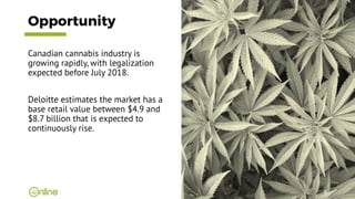Opportunity
Canadian cannabis industry is
growing rapidly, with legalization
expected before July 2018.
Deloitte estimates the market has a
base retail value between $4.9 and
$8.7 billion that is expected to
continuously rise.
5
 