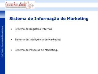 Sistema de Informação de Marketing
Prof. Vorlei – Comunicação Mercadológica




                                           • Sistema de Registros Internos



                                           • Sistema de Inteligência de Marketing



                                           • Sistema de Pesquisa de Marketing.
 