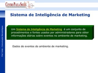 Sistema de Inteligência de Marketing
Prof. Vorlei – Comunicação Mercadológica




                                           Um Sistema de Inteligência de Marketing é um conjunto de
                                           procedimentos e fontes usados por administradores para obter
                                           informações diárias sobre eventos no ambiente de marketing.



                                            Dados de eventos do ambiente de marketing.
 