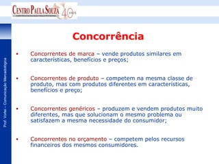 Concorrência
                                           •   Concorrentes de marca – vende produtos similares em
                                               características, benefícios e preços;
Prof. Vorlei – Comunicação Mercadológica




                                           •   Concorrentes de produto – competem na mesma classe de
                                               produto, mas com produtos diferentes em características,
                                               benefícios e preço;


                                           •   Concorrentes genéricos – produzem e vendem produtos muito
                                               diferentes, mas que solucionam o mesmo problema ou
                                               satisfazem a mesma necessidade do consumidor;


                                           •   Concorrentes no orçamento – competem pelos recursos
                                               financeiros dos mesmos consumidores.
 