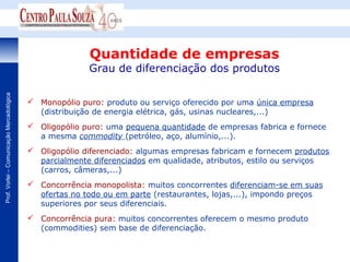 Quantidade de empresas
                                                         Grau de diferenciação dos produtos
Prof. Vorlei – Comunicação Mercadológica




                                            Monopólio puro: produto ou serviço oferecido por uma única empresa
                                             (distribuição de energia elétrica, gás, usinas nucleares,...)
                                            Oligopólio puro: uma pequena quantidade de empresas fabrica e fornece
                                             a mesma commodity (petróleo, aço, alumínio,...).
                                            Oligopólio diferenciado: algumas empresas fabricam e fornecem produtos
                                             parcialmente diferenciados em qualidade, atributos, estilo ou serviços
                                             (carros, câmeras,...)
                                            Concorrência monopolista: muitos concorrentes diferenciam-se em suas
                                             ofertas no todo ou em parte (restaurantes, lojas,...), impondo preços
                                             superiores por seus diferenciais.
                                            Concorrência pura: muitos concorrentes oferecem o mesmo produto
                                             (commodities) sem base de diferenciação.
 