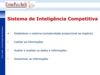Sistema de Inteligência Competitiva
Prof. Vorlei – Comunicação Mercadológica




                                           •   Estabelecer o sistema (complexidade proporcional ao negócio)


                                              Coletar as informações


                                              Avaliar e analisar os dados e informações


                                              Disseminar as informações
 