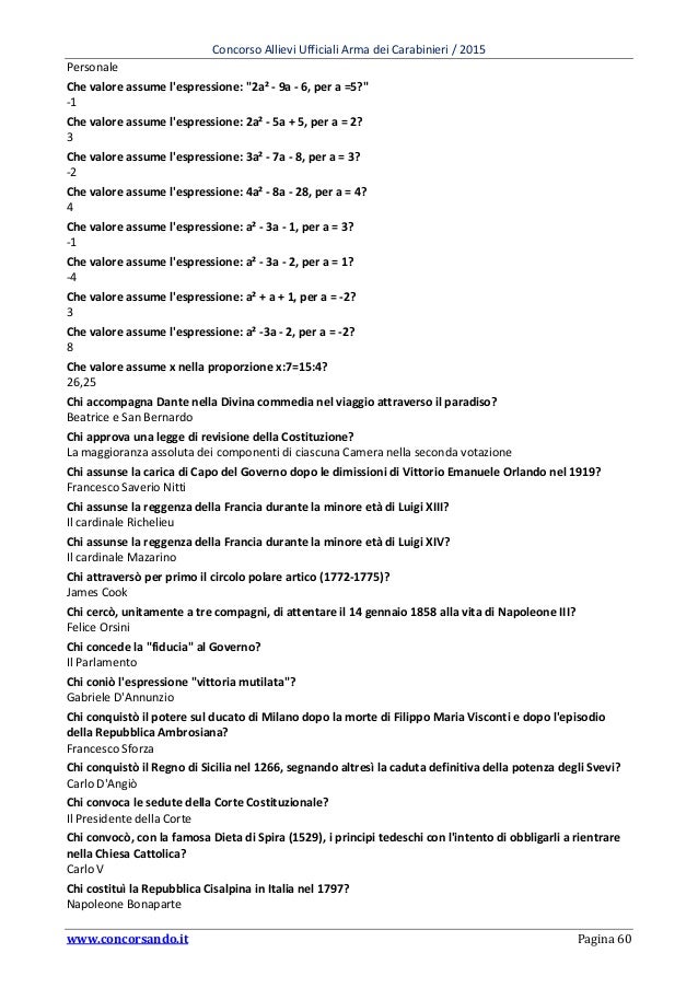 Concorso Allievi Ufficiali Carabinieri 2015 -Quiz in ordine alfabetico