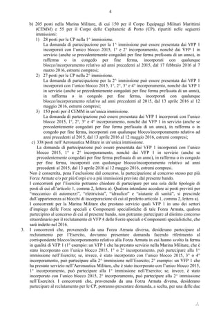 ./.
4
b) 205 posti nella Marina Militare, di cui 150 per il Corpo Equipaggi Militari Marittimi
(CEMM) e 55 per il Corpo delle Capitanerie di Porto (CP), ripartiti nelle seguenti
immissioni:
1) 28 posti per le CP nella 1^ immissione.
La domanda di partecipazione per la 1^ immissione può essere presentata dai VFP 1
incorporati con l’unico blocco 2015, 1° e 2° incorporamento, nonchè dai VFP 1 in
servizio (anche se precedentemente congedati per fine ferma prefissata di un anno), in
rafferma o in congedo per fine ferma, incorporati con qualunque
blocco/incorporamento relativo ad anni precedenti al 2015, dal 17 febbraio 2016 al 7
marzo 2016, estremi compresi;
2) 27 posti per le CP nella 2^ immissione.
La domanda di partecipazione per la 2^ immissione può essere presentata dai VFP 1
incorporati con l’unico blocco 2015, 1°, 2°, 3° e 4° incorporamento, nonchè dai VFP 1
in servizio (anche se precedentemente congedati per fine ferma prefissata di un anno),
in rafferma o in congedo per fine ferma, incorporati con qualunque
blocco/incorporamento relativo ad anni precedenti al 2015, dal 13 aprile 2016 al 12
maggio 2016, estremi compresi;
3) 150 posti per il CEMM in un’unica immissione.
La domanda di partecipazione può essere presentata dai VFP 1 incorporati con l’unico
blocco 2015, 1°, 2°, 3° e 4° incorporamento, nonchè dai VFP 1 in servizio (anche se
precedentemente congedati per fine ferma prefissata di un anno), in rafferma o in
congedo per fine ferma, incorporati con qualunque blocco/incorporamento relativo ad
anni precedenti al 2015, dal 13 aprile 2016 al 12 maggio 2016, estremi compresi;
c) 338 posti nell’Aeronautica Militare in un’unica immissione.
La domanda di partecipazione può essere presentata dai VFP 1 incorporati con l’unico
blocco 2015, 1° e 2° incorporamento, nonché dai VFP 1 in servizio (anche se
precedentemente congedati per fine ferma prefissata di un anno), in rafferma o in congedo
per fine ferma, incorporati con qualunque blocco/incorporamento relativo ad anni
precedenti al 2015, dal 13 aprile 2016 al 12 maggio 2016, estremi compresi.
Non è consentita, pena l’esclusione dal concorso, la partecipazione al concorso stesso per più
Forze Armate e/o per più Corpi e/o a più immissioni previste dal presente bando.
I concorrenti per l’Esercito potranno chiedere di partecipare per una sola delle tipologie di
posti di cui all’articolo 1, comma 2, lettera a). Qualora intendano accedere ai posti previsti per
“meccanico di automezzi”, “elettricista”, “idraulico” e “aiutante di sanità”, si prescinde
dall’appartenenza ai blocchi di incorporazione di cui al predetto articolo 1, comma 2, lettera a).
I concorrenti per la Marina Militare che prestano servizio quali VFP 1 in uno dei settori
d’impiego delle Forze speciali e Componenti specialistiche di tale Forza Armata, qualora
partecipino al concorso di cui al presente bando, non potranno partecipare al distinto concorso
straordinario per il reclutamento di VFP 4 delle Forze speciali e Componenti specialistiche, che
sarà indetto nel 2016.
3. I concorrenti che, provenendo da una Forza Armata diversa, desiderano partecipare al
reclutamento per l’Esercito, dovranno presentare domanda facendo riferimento al
corrispondente blocco/incorporamento relativo alla Forza Armata in cui hanno svolto la ferma
in qualità di VFP 1 (1° esempio: un VFP 1 che ha prestato servizio nella Marina Militare, che è
stato incorporato con l’unico blocco 2015, 1° o 2° incorporamento, può partecipare alla 1^
immissione nell’Esercito; se, invece, è stato incorporato con l’unico blocco 2015, 3° o 4°
incorporamento, può partecipare alla 2^ immissione nell’Esercito; 2° esempio: un VFP 1 che
ha prestato servizio nell’Aeronautica Militare, che è stato incorporato con l’unico blocco 2015,
1° incorporamento, può partecipare alla 1° immissione nell’Esercito; se, invece, è stato
incorporato con l’unico blocco 2015, 2° incorporamento, può partecipare alla 2^ immissione
nell’Esercito). I concorrenti che, provenendo da una Forza Armata diversa, desiderano
partecipare al reclutamento per le CP, potranno presentare domanda, a scelta, per una delle due
 