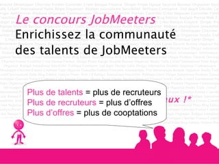 Le concours JobMeeters   Enrichissez la communauté des talents de JobMeeters   Et gagnez des cadeaux !* Plus de talents  = plus de recruteurs Plus de recruteurs  = plus d’offres Plus d’offres  = plus de cooptations 