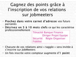 Gagnez des points grâce à l’inscription de vos relations  sur jobmeeters Piochez dans votre carnet d’adresse  vos futurs parrainés Décrivez en 5 à 10 mots clefs  ce qui les caractérise professionnellement Chacune de vos relations ainsi « taggée » sera invitée à s’inscrire sur JobMeeters Un fois inscrite votre compteur augmente d’ 1 point  Ténacité Banque Finance  Diriger Projet Equipe Sécurité  Régie Organiser  Fidélité 
