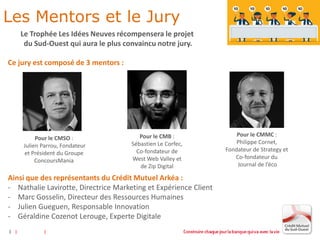 3
Ce jury est composé de 3 mentors :
Ainsi que des représentants du Crédit Mutuel Arkéa :
- Nathalie Lavirotte, Directrice Marketing et Expérience Client
- Marc Gosselin, Directeur des Ressources Humaines
- Julien Gueguen, Responsable Innovation
- Géraldine Cozenot Lerouge, Experte Digitale
3
Les Mentors et le Jury
Le Trophée Les Idées Neuves récompensera le projet
du Sud-Ouest qui aura le plus convaincu notre jury.
Pour le CMB :
Sébastien Le Corfec,
Co-fondateur de
West Web Valley et
de Zip Digital
Pour le CMSO :
Julien Parrou, Fondateur
et Président du Groupe
ConcoursMania
Pour le CMMC :
Philippe Cornet,
Fondateur de Strategy et
Co-fondateur du
Journal de l’éco
 
