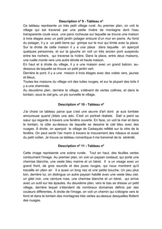 Description nº 9 - Tableau nº
Ce tableau représente un très petit village rural. Au premier plan, on voit le
village qui est traversé par une petite rivière de montagne dont l’eau
transparente coule sous une paroi rocheuse sur laquelle se trouve une maison
à trois étages avec un petit jardin potager entouré d’un mur en pierre. Au fond
du potager, il y a un petit lierre qui grimpe sur le mur qui limite avec la place.
Sur la droite de cette maison il y a une place dans laquelle on aperçoit
quelques personnes, et sur la gauche on voit un très ancien pont suspendu
entre les rochers, qui traverse la rivière. Dans la place, entre deux maisons,
une ruelle monte vers une autre étroite et haute maison.
En haut et à droite du village, il y a une maison avec un grand balcon, audessous de laquelle se trouve un petit jardin vert.
Derrière le pont, il y a une maison à trois étages avec des volets vers, jaunes
et bleus.
Toutes les maisons du village ont des tuiles rouges, et sur la plupart des toits il
y a une cheminée.
Au deuxième plan, derrière le village, s’élèvent de vertes collines, et dans le
lointain, sous le ciel gris, un pic surveille le village.
Description nº 10 - Tableau nº
J’ai choisi ce tableau parce que c’est une œuvre d'art dont je suis tombée
amoureuse quand j'étais une ado. C'est un portrait réaliste. Dalí a peint sa
sœur qui regarde à travers une fenêtre ouverte. En face, on voit la mer et dans
le lointain, la côte au-dessus de laquelle se dessine le ciel bleu avec des
nuages. À droite, on aperçoit le village de Cadaquès reflété sur la vitre de la
fenêtre. On peut sentir l'air marin à travers le mouvement des rideaux et aussi
du petit voilier. Je trouve ce tableau romantique il me transmet de la sérénité.
Description nº 11 - Tableau nº
Cette image représente une scène rurale. Tout en haut, des feuilles vertes
contournent l'image. Au premier plan, on voit un paysan costaud, qui porte une
chemise blanche, une veste bleu marine et un béret. Il a un visage avec un
grand front, de gros sourcils et des joues rouges, qui nous montrent qu’il
travaille en plein air. Il a aussi un long nez et une petite bouche. Un peu plus
loin, derrière lui, on distingue un autre paysan habillé avec une veste bleu ciel,
un gilet noir, une ceinture rose, une chemise blanche et un béret, qui arrive
avec un outil sur les épaules. Au deuxième plan, vers le bas se dresse un petit
village, derrière lequel s’étendent de nombreux domaines définis par des
couleurs différentes. À droite de l’image, on voit un chemin qui s’éloigne vers le
fond et dans le lointain des montagnes très vertes au-dessus desquelles flottent
des nuages.

 