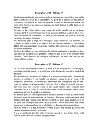 Description nº 12 - Tableau nº
Ce tableau représente une scène maritime. Au premier plan s’élève une petite
colline rocheuse avec de la végétation. Au pied de la colline se trouvent un
homme et une femme en train de regarder la mer. La femme est assise par
terre et le homme qui porte un chapeau se tient debout, à côté d’elle et lui
montre l’horizon.
En bas de la colline s’étend une plage de sable mouillé qui se prolonge
jusqu’au bord d’ une mer agitée où il n’y a pas de bateaux. Au bord de la mer,
trois personnes se promènent, un père et ses enfants, qui sont en train de
ramasser de petites coquilles.
Au deuxième plan s’érige une montagne aussi rocheuse. Au sommet, un
château surveille la baie et au pied et sur les falaises, s’élève un petit village
côtier. On peut distinguer, les petites maisons et l’église dont la tour dépasse
les autres bâtiments.
Au fond du tableau on peut distinguer le ciel qui représente la tombée du jour.
Les couleurs qui sont aussi grisâtres, indiquent que le jour a été probablement
pluvieux. Dans l’horizon se distingue difficilement, ce que l’on croit qui est
l’autre côté de la baie.
Description nº 13 - Tableau nº
Je l´ai choisi parce que j´ai beaucoup aimé le sujet, un paysan à la campagne,
les couleurs de la nature et le contraste entre le premier plan et le fond de la
peinture.
Au premier plan, au centre du tableau, il y a un paysan qui attire l´attention et
domine la peinture. Il est habillé en couleurs obscures et la veste et le
chapeaux sont noirs. On devine qu´il est debout et il ne regarde pas en face,
mais en dehors de la composition (au loin). Ses oreilles sont plutôt grandes,
son nez long, ses sourcils épais et ses joues rosées. Les couleurs sont
obscures parce qu´il est à l´ombre d´un arbre, et les branches de la partie
supérieure servent à encadrer la peinture.
Au second plan, on voit un paysage en couleurs claires et vives qui contrastent
fortement avec la figure centrale de l´œuvre. On observe des animaux, plus
précisément des vaches, juste derrière le monsieur et un autre paysan, dont on
ne peut pas distinguer les traits. Nous pouvons aussi apercevoir des terres
labourées, quelques arbres, de la végétation et des chemins./ des sentiers
Tout au fond il y a des montagnes vertes et pas trop hautes qui nous font
penser au printemps ou à l´automne.
Il y a un contraste très fort entre l´homme, grand et des traits forts, et la
nature, claire dont les couleurs sont plus doux.

 