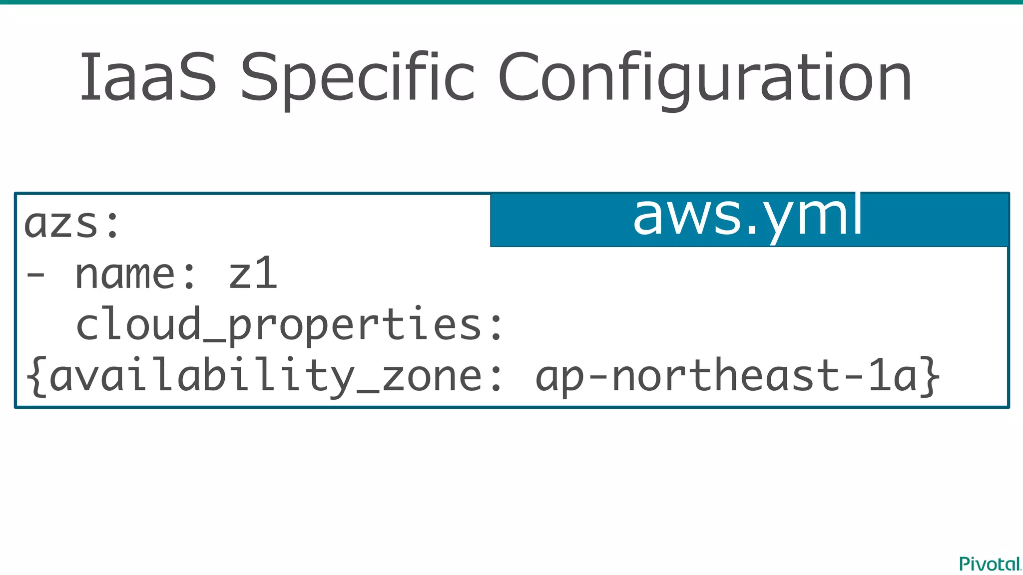 IaaS Specific  Configuration
azs:
- name: z1
cloud_properties:
{availability_zone: ap-northeast-1a}
aws.yml
 