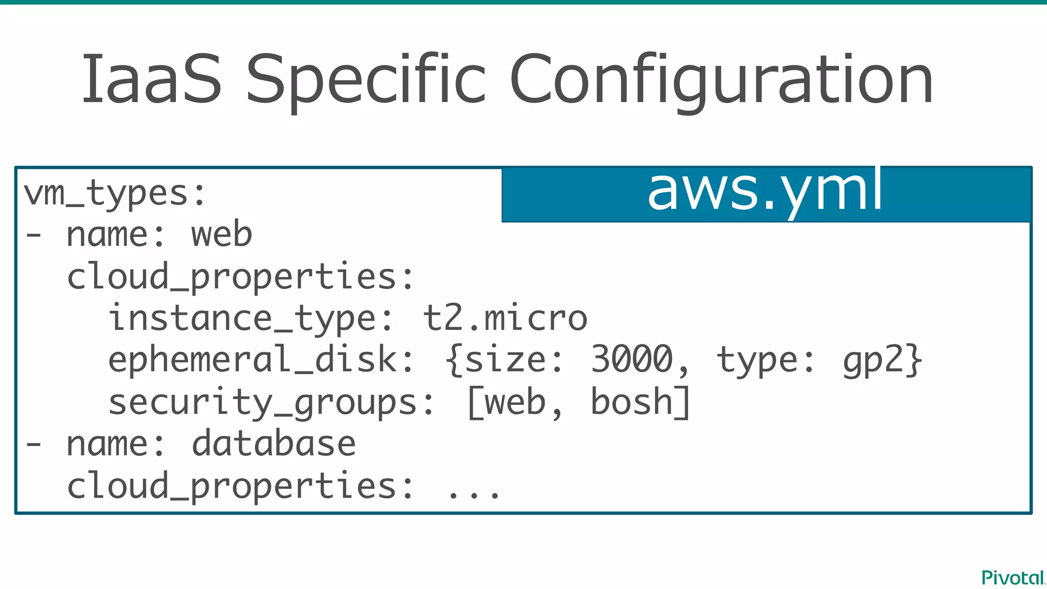 IaaS Specific  Configuration
vm_types:
- name: web
cloud_properties:
instance_type: t2.micro
ephemeral_disk: {size: 3000, type: gp2}
security_groups: [web, bosh]
- name: database
cloud_properties: ...
aws.yml
 