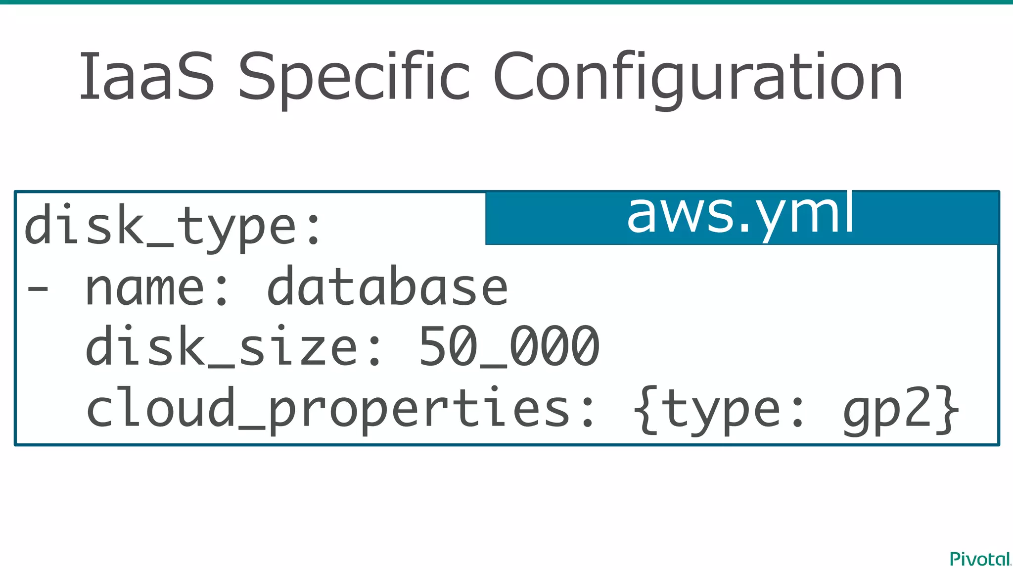 IaaS Specific  Configuration
disk_type:
- name: database
disk_size: 50_000
cloud_properties: {type: gp2}
aws.yml
 