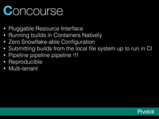 Concourse
• Pluggable Resource Interface
• Running builds in Containers Natively
• Zero Snowﬂake-able Conﬁguration
• Submi...