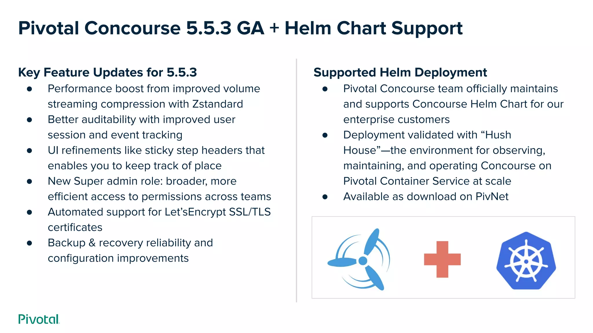 Pivotal Concourse 5.5.3 GA + Helm Chart Support
Supported Helm Deployment
● Pivotal Concourse team oﬃcially maintains
and supports Concourse Helm Chart for our
enterprise customers
● Deployment validated with “Hush
House”—the environment for observing,
maintaining, and operating Concourse on
Pivotal Container Service at scale
● Available as download on PivNet
Key Feature Updates for 5.5.3
● Performance boost from improved volume
streaming compression with Zstandard
● Better auditability with improved user
session and event tracking
● UI reﬁnements like sticky step headers that
enables you to keep track of place
● New Super admin role: broader, more
eﬃcient access to permissions across teams
● Automated support for Let’sEncrypt SSL/TLS
certiﬁcates
● Backup & recovery reliability and
conﬁguration improvements
 