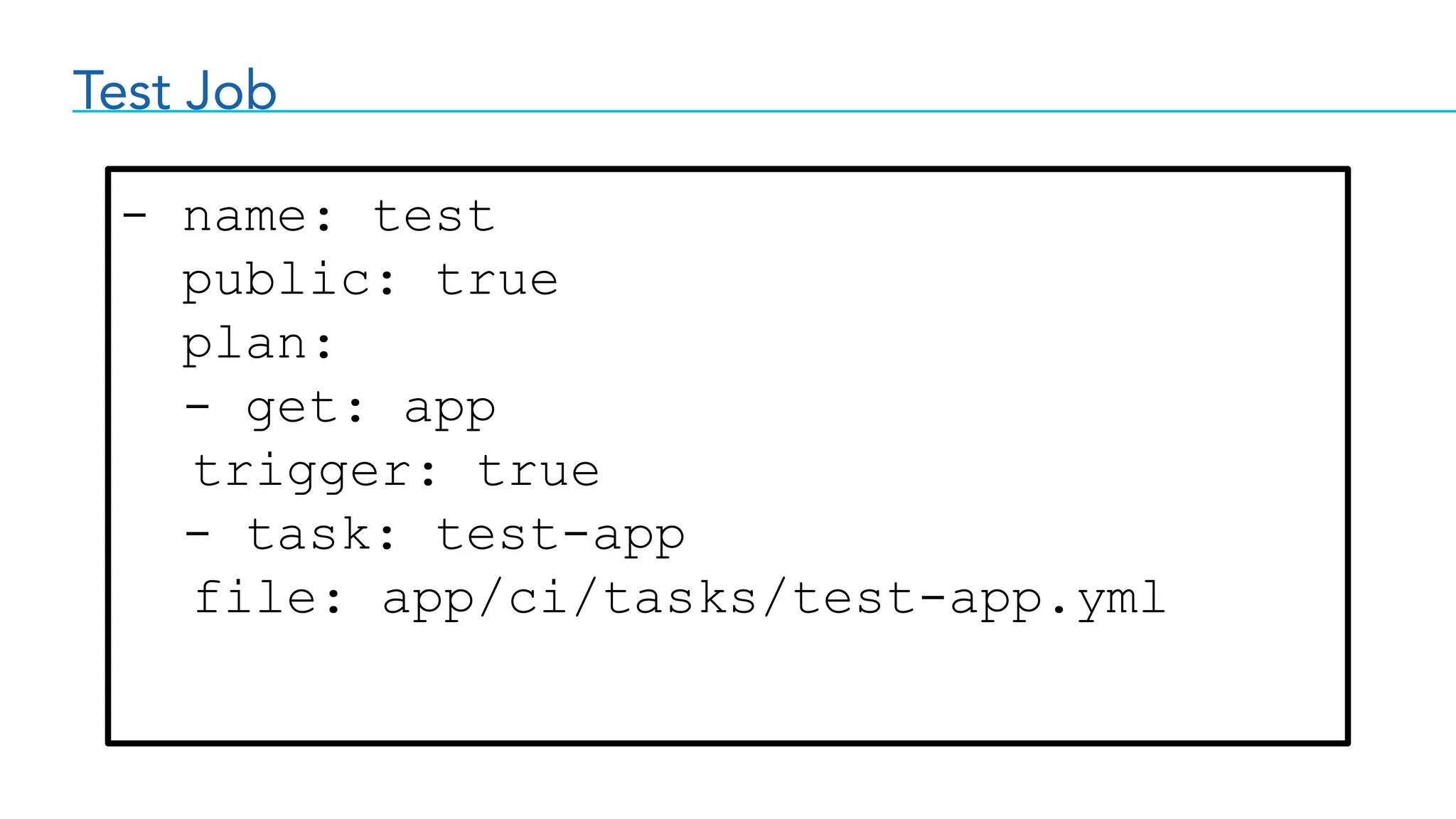 Test Job
- name: test
public: true
plan:
- get: app
trigger: true
- task: test-app
file: app/ci/tasks/test-app.yml
 