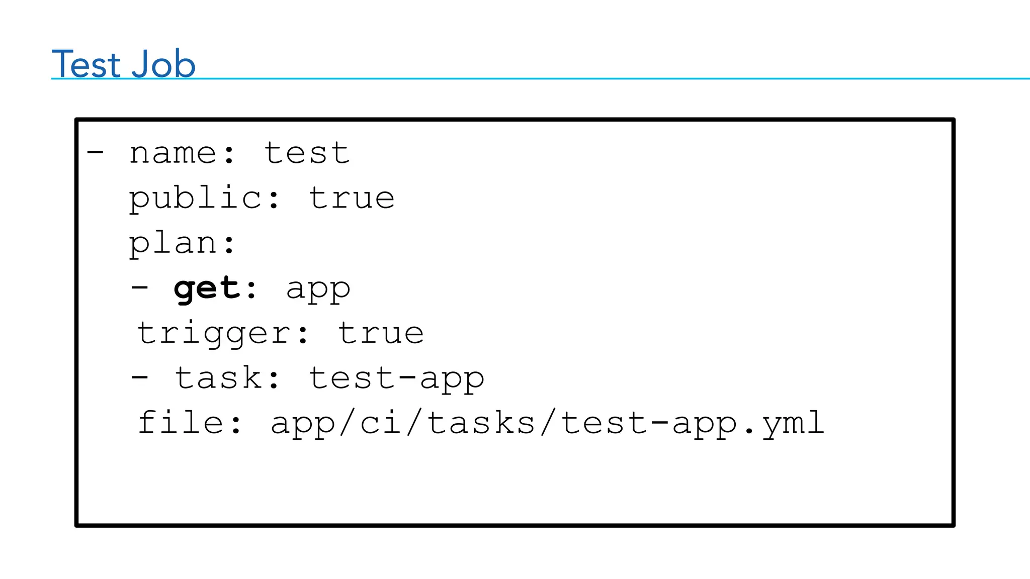 Test Job
- name: test
public: true
plan:
- get: app
trigger: true
- task: test-app
file: app/ci/tasks/test-app.yml
 