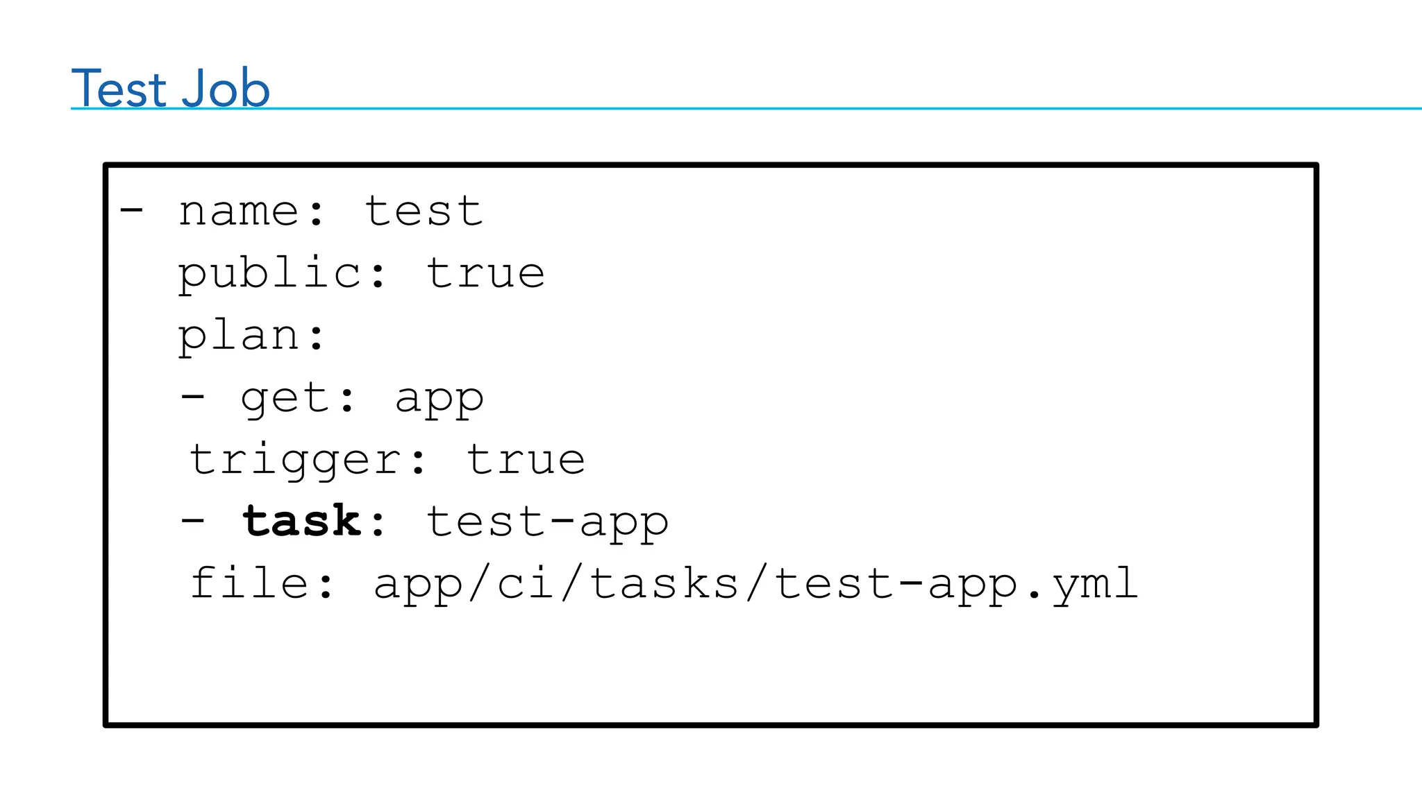 Test Job
- name: test
public: true
plan:
- get: app
trigger: true
- task: test-app
file: app/ci/tasks/test-app.yml
 