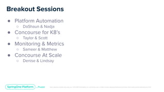 Unless otherwise indicated, these slides are © 2013-2019 Pivotal Software, Inc. and licensed under a Creative Commons Attribution-NonCommercial license: http://creativecommons.org/licenses/by-nc/3.0/
Breakout Sessions
● Platform Automation
○ DaShaun & Nadja
● Concourse for K8’s
○ Taylor & Scott
● Monitoring & Metrics
○ Sameer & Matthew
● Concourse At Scale
○ Denise & Lindsay
 