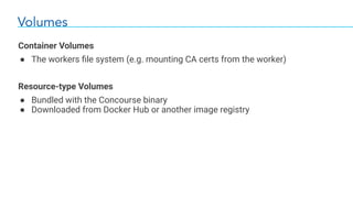 Volumes
Container Volumes
● The workers ﬁle system (e.g. mounting CA certs from the worker)
Resource-type Volumes
● Bundled with the Concourse binary
● Downloaded from Docker Hub or another image registry
 