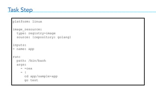 Task Step
platform: linux
image_resource:
type: registry-image
source: {repository: golang}
inputs:
- name: app
run:
path: /bin/bash
args:
- -cex
- |
cd app/sample-app
go test
 