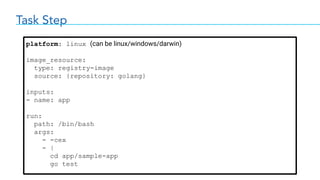 Task Step
platform: linux (can be linux/windows/darwin)
image_resource:
type: registry-image
source: {repository: golang}
inputs:
- name: app
run:
path: /bin/bash
args:
- -cex
- |
cd app/sample-app
go test
 