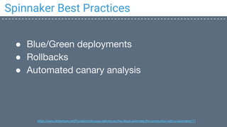 Spinnaker Best Practices
● Blue/Green deployments
● Rollbacks
● Automated canary analysis
https://www.slideshare.net/Pivotal/continuous-delivery-to-the-cloud-automate-thru-production-with-ci-spinnaker/11
 