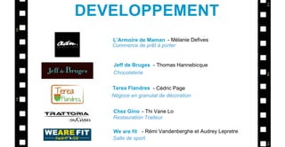 L’Armoire de Maman
Jeff de Bruges
Terea Flandres
Chez Gino
We are fit
- Mélanie Defives
- Thomas Hannebicque
- Cédric Page
- Thi Vane Lo
- Rémi Vandenberghe et Audrey Lepretre
Commerce de prêt à porter
Chocolaterie
Négoce en granulat de décoration
Restauration Traiteur
Salle de sport
DEVELOPPEMENT
 