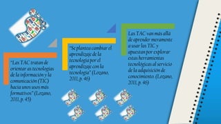 “Las TAC tratan de
orientar as tecnologías
de la información y la
comunicación (TIC)
hacia unos usos más
formativos” (Lozano,
2011, p. 45)
“Se plantea cambiar el
aprendizaje de la
tecnología por el
aprendizaje con la
tecnología” (Lozano,
2011, p. 46)
Las TAC van más allá
de aprender meramente
a usar las TIC y
apuestan por explorar
estas herramientas
tecnológicas al servicio
de la adquisición de
conocimiento. (Lozano,
2011, p. 46)
 