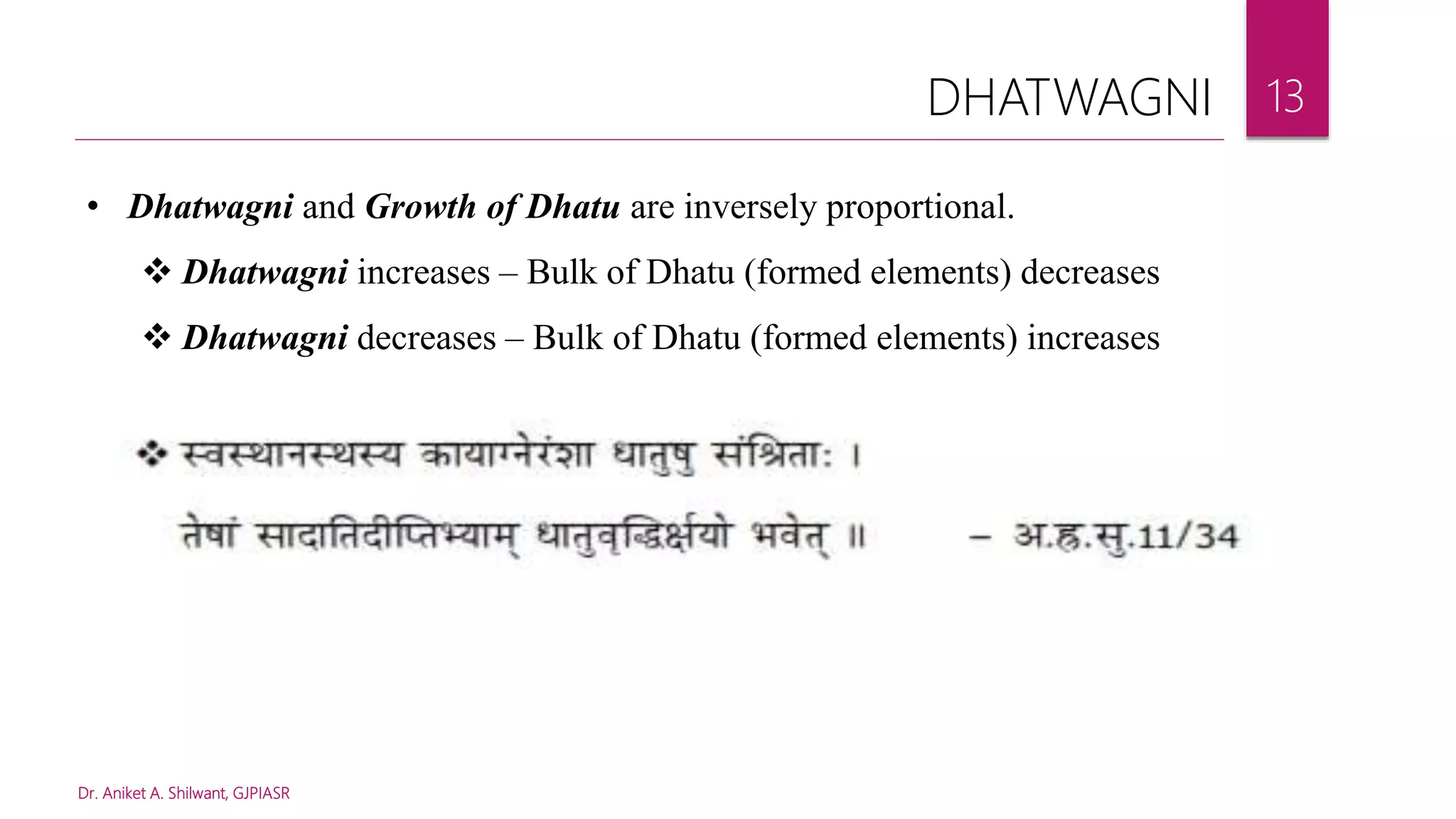 Dr. Aniket A. Shilwant, GJPIASR
13
• Dhatwagni and Growth of Dhatu are inversely proportional.
 Dhatwagni increases – Bulk of Dhatu (formed elements) decreases
 Dhatwagni decreases – Bulk of Dhatu (formed elements) increases
DHATWAGNI
 