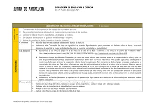 CONSEJERÍA DE EDUCACIÓN Y CIENCIA
C.E.I.P. “Nuestra Señora de la Paz”
Nuestro Plan de Igualdad. Concreción para el curso 2019/2020
CELEBRACIÓN DEL DÍA DE LA MUJER TRABAJADORA 8 de marzo
OBJETIVO
S
1. Concienciarles de la importancia del trabajo de sus madres en casa
2. Reconocer la importancia del reparto de tareas entre los miembros de las familias.
3. Conocer la vida de mujeres importantes a lo largo de la historia.
4. Ser capaces de reconocer la igualdad entre hombres y mujeres.
5. Valorar la importancia de las mujeres en nuestra sociedad.
ACTIVIDADES
Comunes § Abordar esta temática desde las sesiones diarias de lectura
§ Invitamos a la Concejala del área de Igualdad de nuestro Ayuntamiento para promover un debate sobre el tema, buscando
destacar el papel de la mujer en todas las facetas de nuestra sociedad y su invisibilidad.
Ed. Infantil § Explicaremos a los niños/as porque el 8 de marzo es el Día de la Mujer. --Leeremos a las niños/as el poema del “Fantasma Antón”.
http://www.youtube.com/watch?v=suq_0NP_ObE (EL PRINCIPE CENICIENTO) ¬ http://www.youtube.com/watch?v=DMqh-JBlEjE
§ Realizaremos el juego Aros Musicales Cooperativo, ya que es una buena actividad para introducir la idea de la cooperación en los niños y niñas. Los
aros de psicomotricidad (Hula-Hoop) proporcionan una estructura dentro de la cual dos o más niños o niñas pueden jugar juntos, constituyendo un
medio muy efectivo para promover la cooperación entre los tres y los cuatro años. Para comenzar, se divide el grupo en parejas, y cada pareja se
coloca dentro del mismo aro. Cada niño o niña sujeta una parte del aro (normalmente a la altura de la cintura o de los hombros). Mientras suena la
música los niños/as saltan por la habitación, manteniéndose dentro de su aro. Para conseguir esto la pareja que está dentro de cada aro deben
moverse en la misma dirección y con el mismo ritmo. Cada vez que la música se detiene las parejas de dos aros diferentes forman equipo colocando
sus aros juntos y metiéndose en el interior. Este proceso continúa hasta que tantos niños y niñas como sea posible estén dentro de un único círculo
(varios aros superpuestos) saltando juntos (y sujetando aros). El juego acaba generalmente con ocho niños y niñas juntos/as en un círculo sujetando
sus cuatro aros.
§ Invitaremos a las familias (destacando la importancia de la presencia de figura paterna en la realización de esta actividad) para desarrollar diversos
talleres coeducativos.
Primer ciclo • Lectura de un cuento en los que se intercambian los roles de género de los personajes.
• Elaboración de un dibujo del trabajo, realizado en casa por ambos progenitores y puesta en debate sobre el trabajo realizado.
• Dialogar sobre la importancia de la igualdad con nuestros peques.
• Realizar un mural con los dibujos realizados por el alumnado.
• Explicar a los niños/as porque el 8 de marzo es el Día de la Mujer.
 
