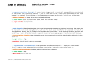CONSEJERÍA DE EDUCACIÓN Y CIENCIA
C.E.I.P. “Nuestra Señora de la Paz”
Nuestro Plan de Igualdad. Concreción para el curso 2019/2020
1.- Juego motriz tradicional: “La baraja”. Por equipos y relevos se asignan a cada uno un palo de la baraja que deberán de reunir levantando
una carta por relevo. Si es su palo o equipo se le llevan, y si no es así, pues la dejan en su sitio y vuelven a dar el siguiente relevo. Las cartas estarán
colocadas a una distancia de 10 metros, bocabajo y al azar. Gana el que antes consiga su palo al completo. Para primer ciclo, solo siete cartas.
2.- Lectura - bibliopatio: Por parejas, leer un cuento o libro a elegir libremente.
3.- Juegos de mesa: Parchís, oca, cuatro en línea, ajedrez, damas, barra de equilibrio. A elegir
4.- Juegos musicales: La conga, las sillas…
1.- Balón prisionero: Dos equipos enfrentados en cuatro franjas delimitadas donde las laterales son cementerios y las centrales serán zona de vivos.
Los vivos de cada equipo deberán lanzar y tocar con un balón a los vivos del otro equipo. Si son tocados, irán a la zona de cementarios de sus
respectivos equipos. Se puede salvar un quemado o tocado siempre y cuando toque o queme a uno de los vivos del otro equipo lanzando el balón
cuando le llegue a su zona. No hay vidas. Es tocado si es quemado directamente. Gana el equipo que queme a todos los miembros del otro equipo.
2.- Nombre, apellidos, ciudad,etc. Juego individual o por parejas donde hay que intentar completar un listado de palabras de acuerdo a temática y
letra de inicio.
3.- Juegos de mesa: A elegir.
4.- Just dance. Juego de baile de imitación en pizarra digital.
1.- Juego tradicional: “Las cuatro esquinas”. Cuatro aros haciendo un cuadrado separados unos 3 a 4 metros. Cinco alumnos donde un
alumno/a la pica y los otros en cada aro que intentaran cambiarse de aro, mientras el pica intentará ocupar mientras tanto un aro.
2.- Lectura: Palabras encadenadas. Encadenar palabras con la última sílaba de la anterior.
3.- Juegos de mesa: A elegir.
4.- Manualidad. Crear una pelota relax.
 