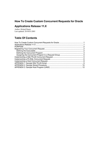 How To Create Custom Concurrent Requests for Oracle
Applications Release 11.X
Author: Roland Daane
Last updated: 20-NOV-2003
Table Of Contents
How To Create Custom Concurrent Requests for Oracle................................................1
Applications Release 11.X ..............................................................................................1
PURPOSE ......................................................................................................................2
Registering Your Concurrent Request.............................................................................2
Defining the Executable...............................................................................................2
Defining the Concurrent Program ................................................................................3
Assigning the Concurrent Program to a Request Group ..............................................5
Implementing a SQL*PLUS Concurrent Request ............................................................5
Implementing a PL/SQL Concurrent Request..................................................................6
Implementing a Host Concurrent Request.......................................................................8
APPENDIX 1: Sample SQL*PLUS Script ........................................................................9
APPENDIX 2: Sample Stored Procedure ......................................................................10
APPENDIX 3: Sample Host Program (UNIX) ................................................................12
 