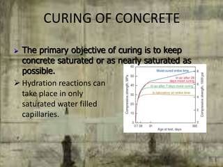 CURING OF CONCRETE
 Hydration reactions can
take place in only
saturated water filled
capillaries.
 The primary objective of curing is to keep
concrete saturated or as nearly saturated as
possible.
 