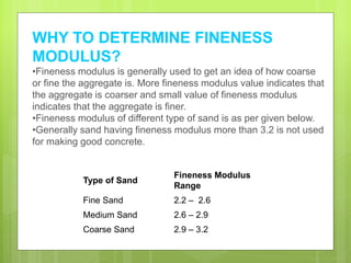 Type of Sand
Fineness Modulus
Range
Fine Sand 2.2 – 2.6
Medium Sand 2.6 – 2.9
Coarse Sand 2.9 – 3.2
WHY TO DETERMINE FINENESS
MODULUS?
•Fineness modulus is generally used to get an idea of how coarse
or fine the aggregate is. More fineness modulus value indicates that
the aggregate is coarser and small value of fineness modulus
indicates that the aggregate is finer.
•Fineness modulus of different type of sand is as per given below.
•Generally sand having fineness modulus more than 3.2 is not used
for making good concrete.
 