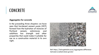 CONCRETE
Aggregates for concrete
In the preceding three chapters we have
seen that hardened cement paste (HCP)
formed from the hydration of mixtures of
Portland cement, admixtures and
additions has strength and other
properties that could make it suitable for
use as a construction material in its own
right.
Ref: https://lafargeholcim.co.tz/aggregates-difference-
between-crushed-stone-gravel/
 