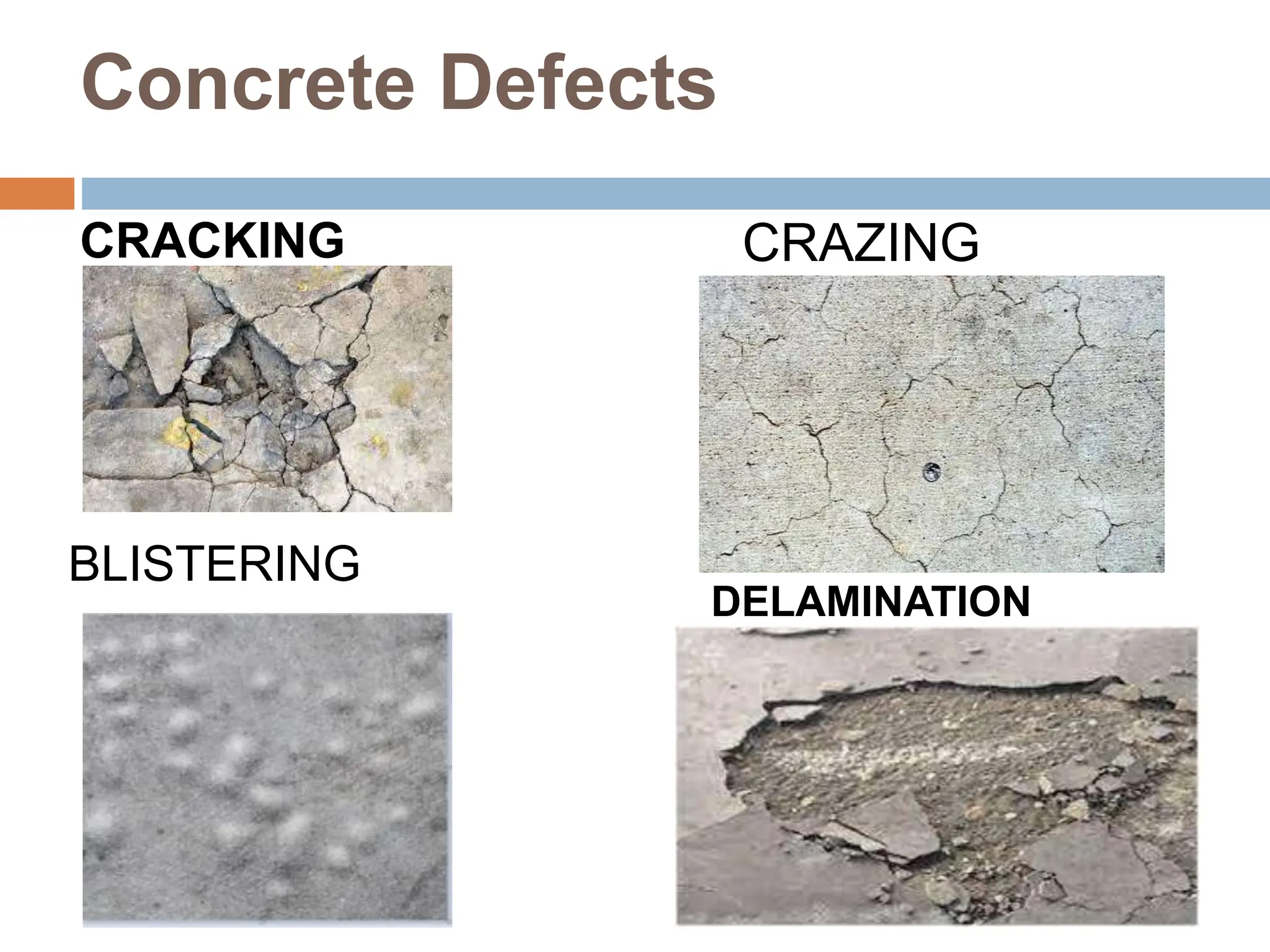 Concrete Defects
CRACKING CRAZING
BLISTERING
DELAMINATION
 